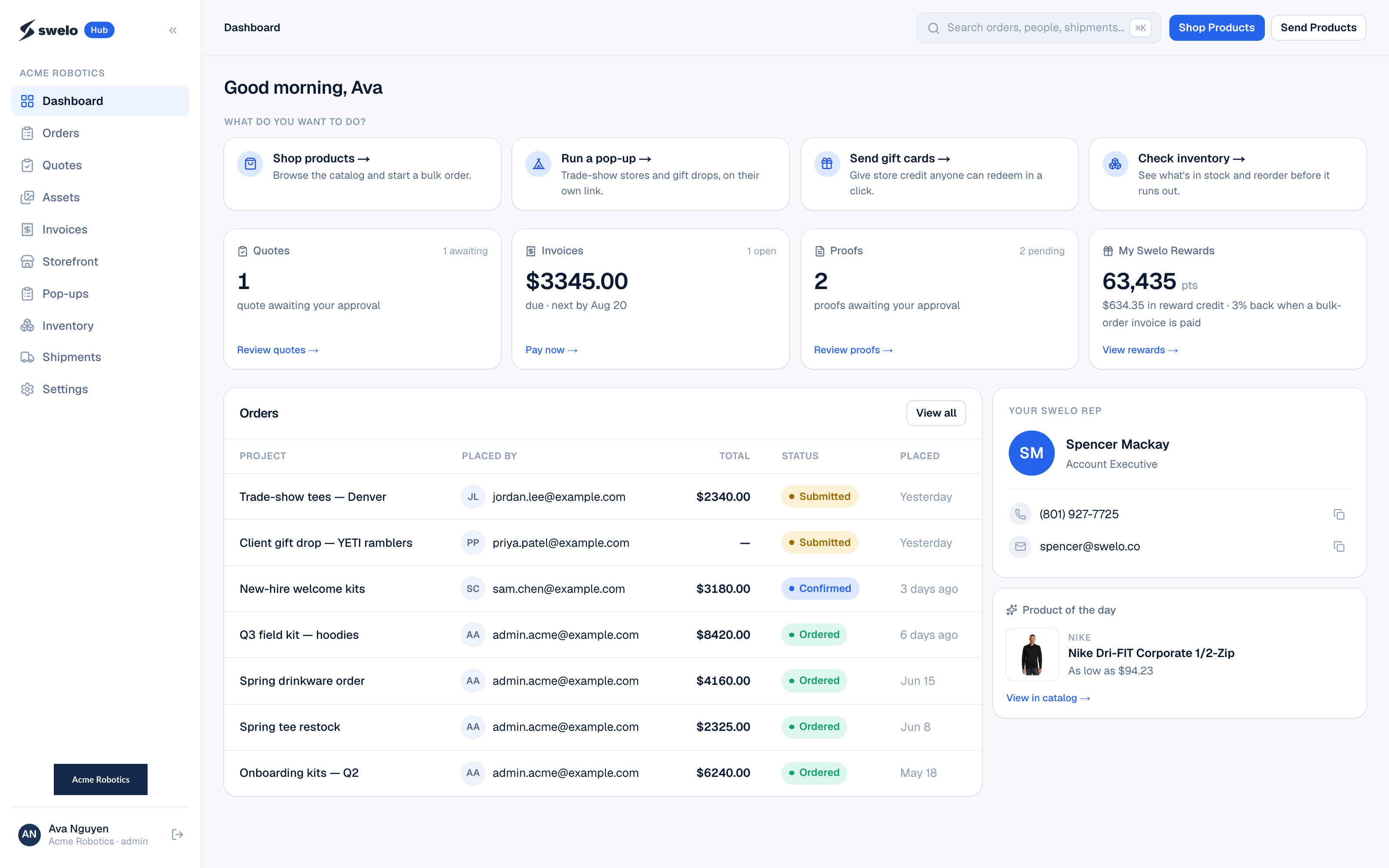 The Swelo Hub dashboard, quotes, invoices, proofs, Swelo Rewards, bulk orders, and your rep