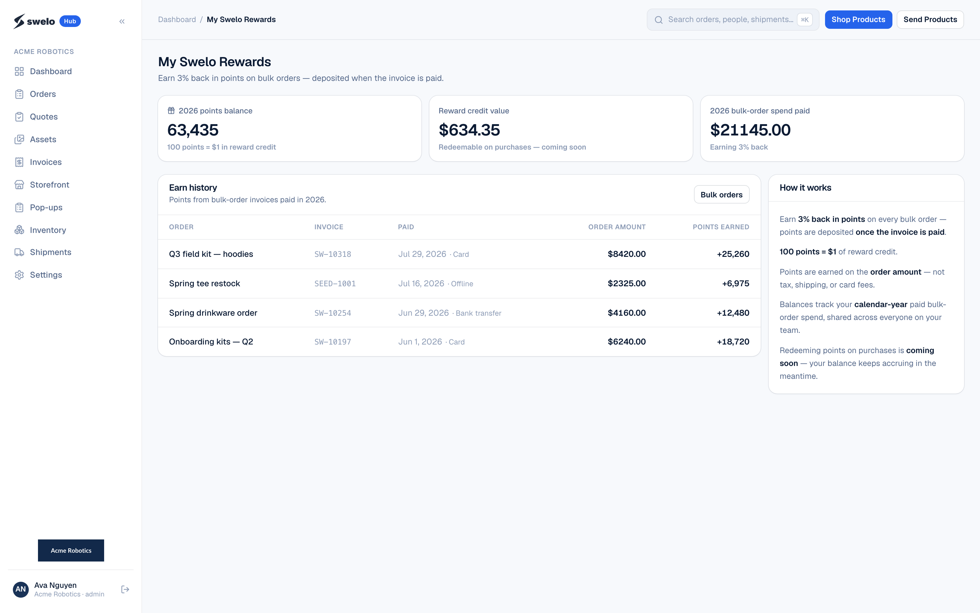 My Swelo Rewards: points balance, reward credit value, and earn history