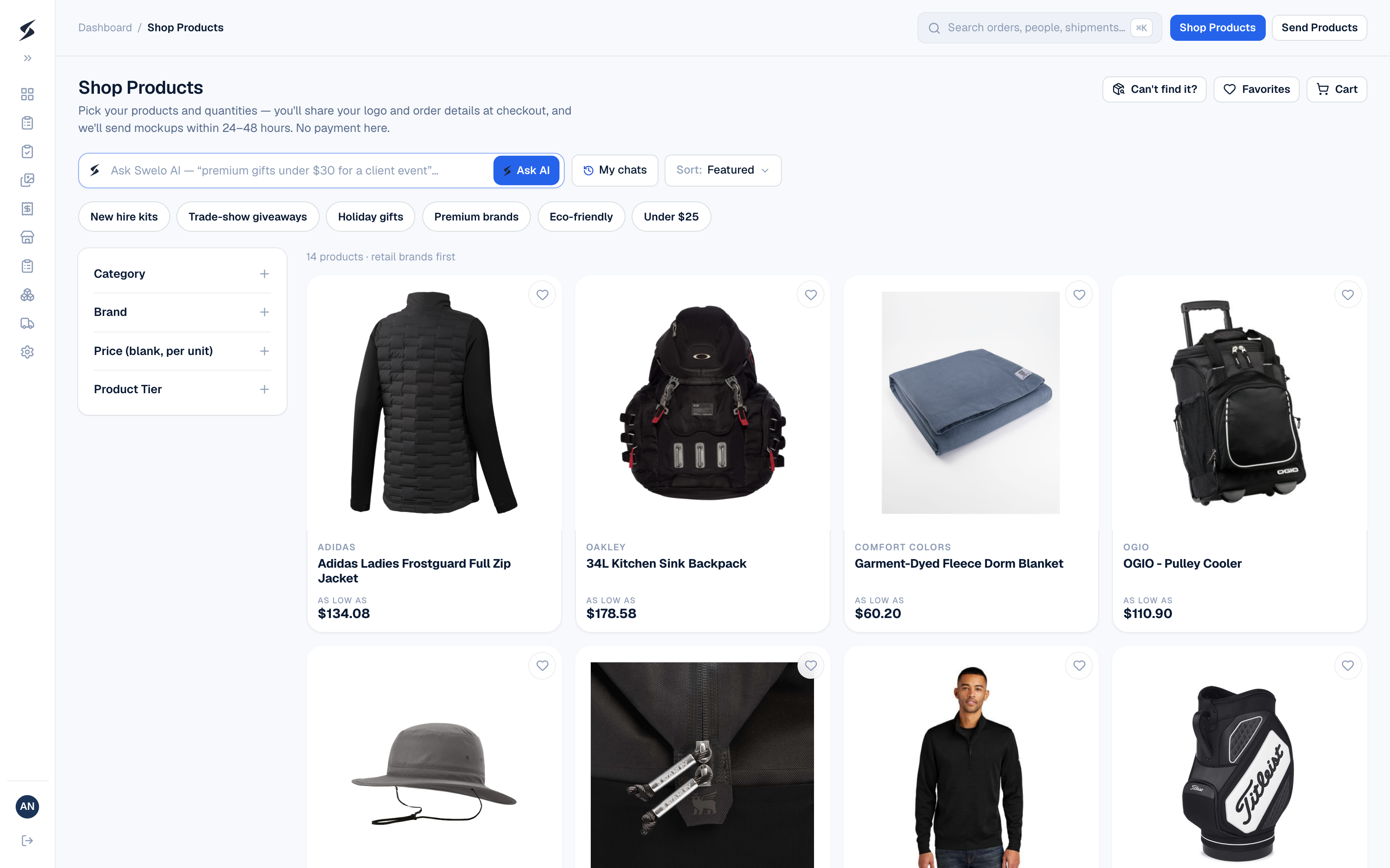 Shop Products, the curated Swelo catalog with AI search and retail brands