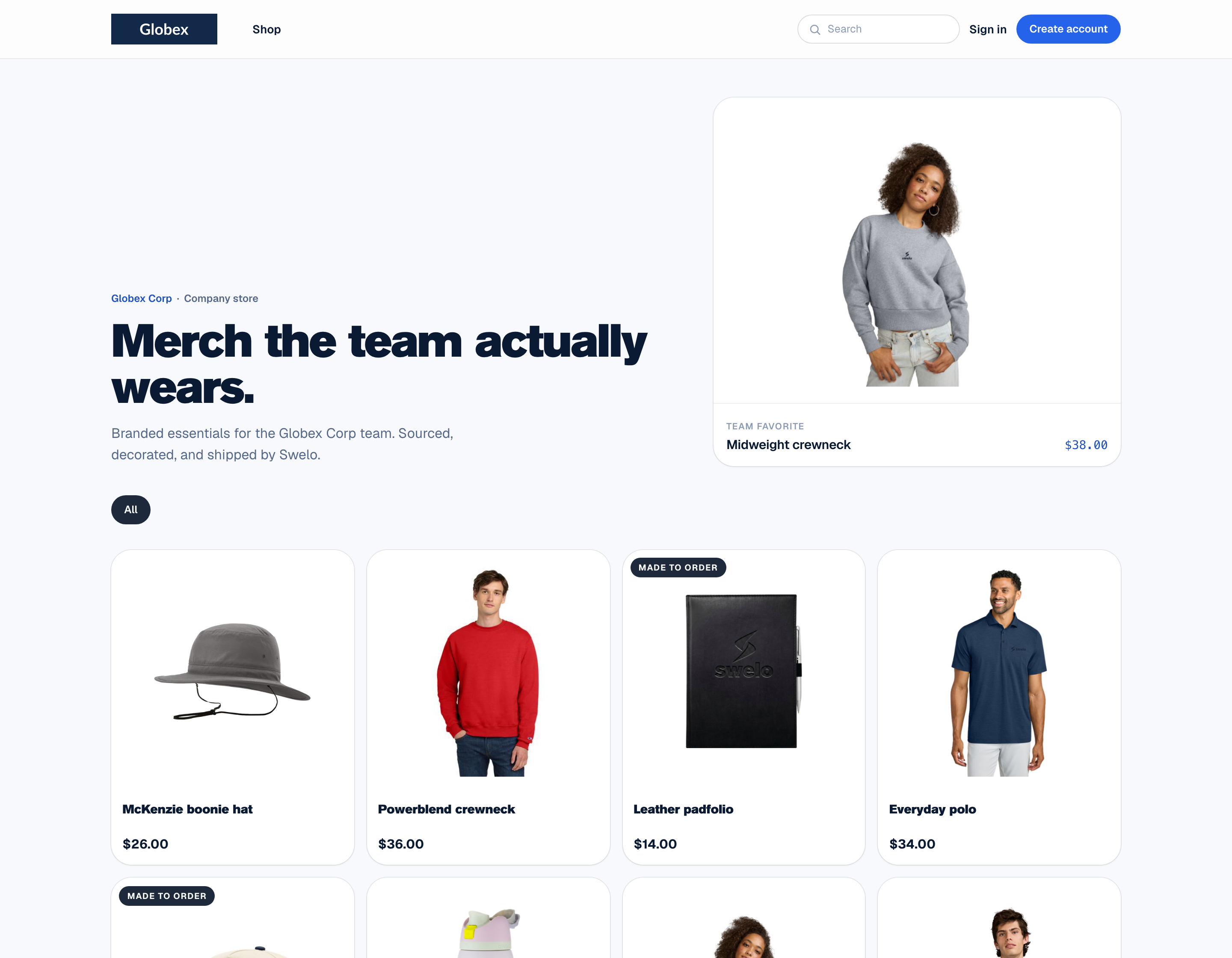 A Swelo company store, glass header, featured product, and a grid of branded merch
