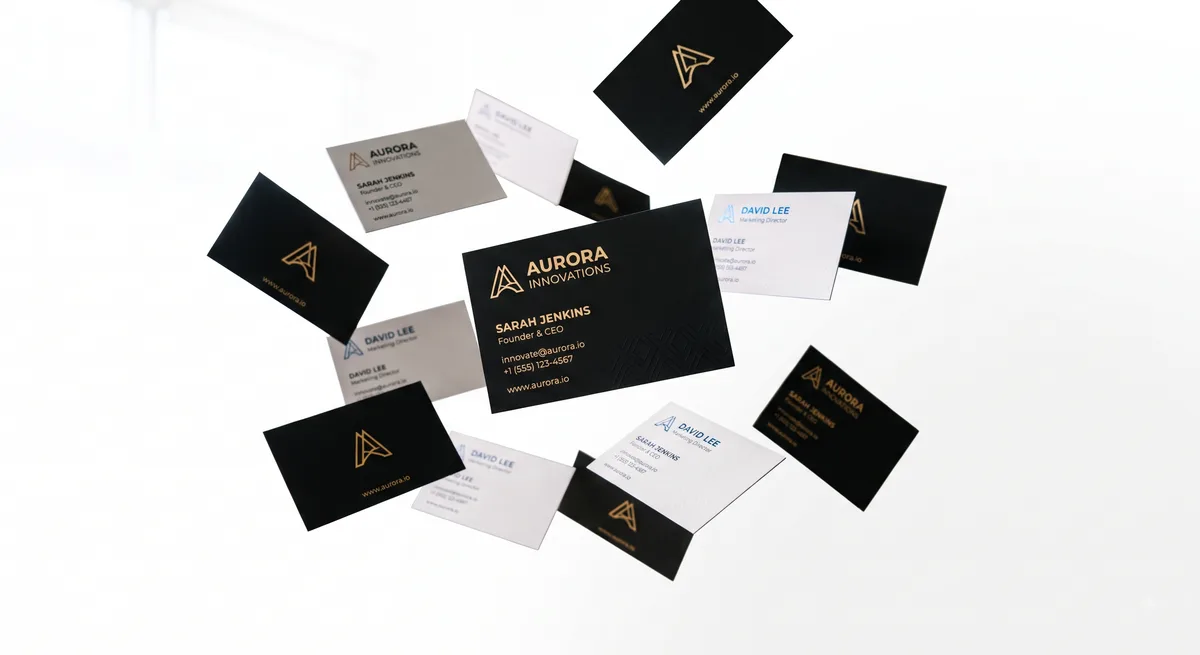 Stack of branded business cards and printed collateral