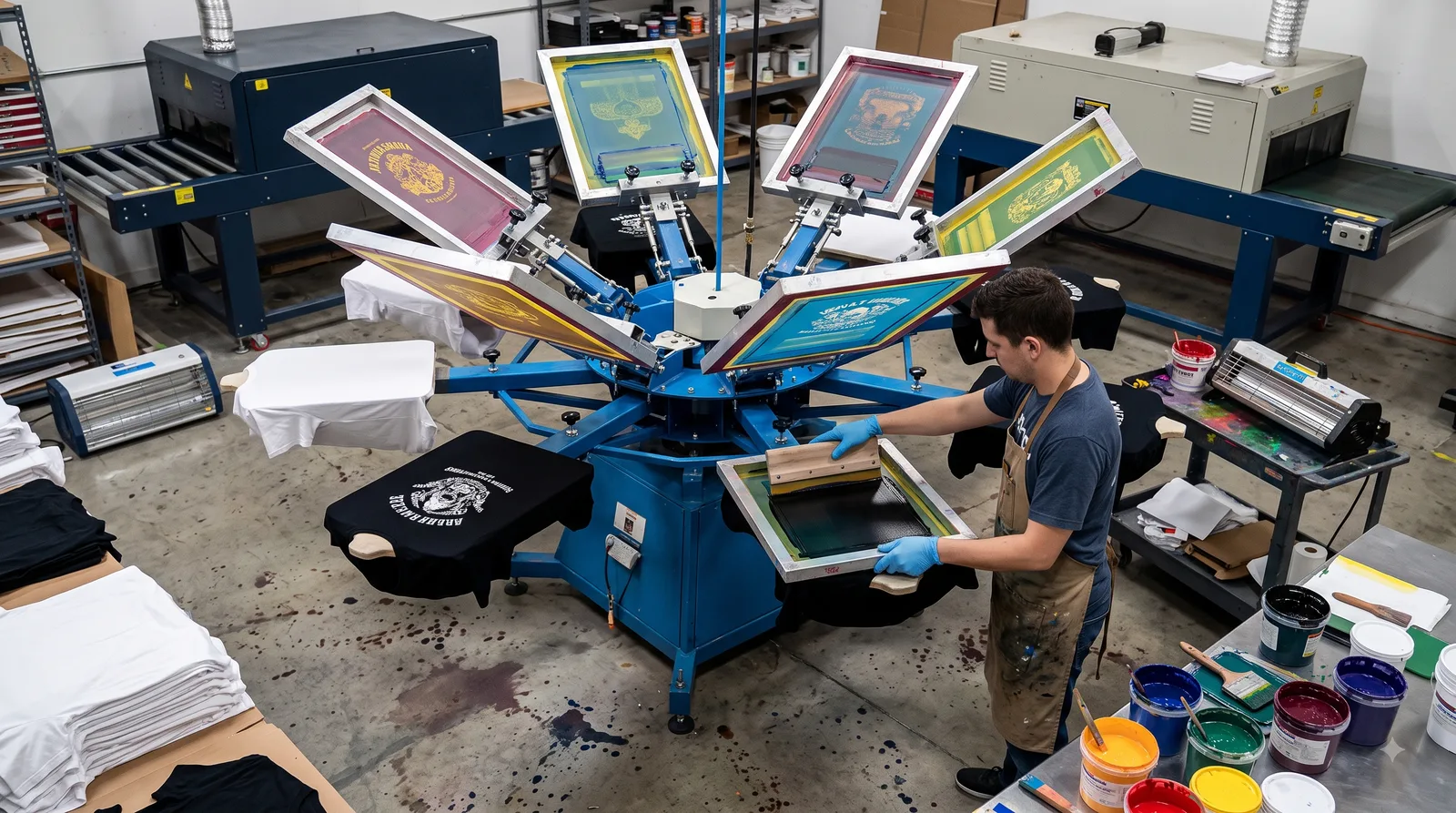 Screen-printing press running a spot-color design on tees